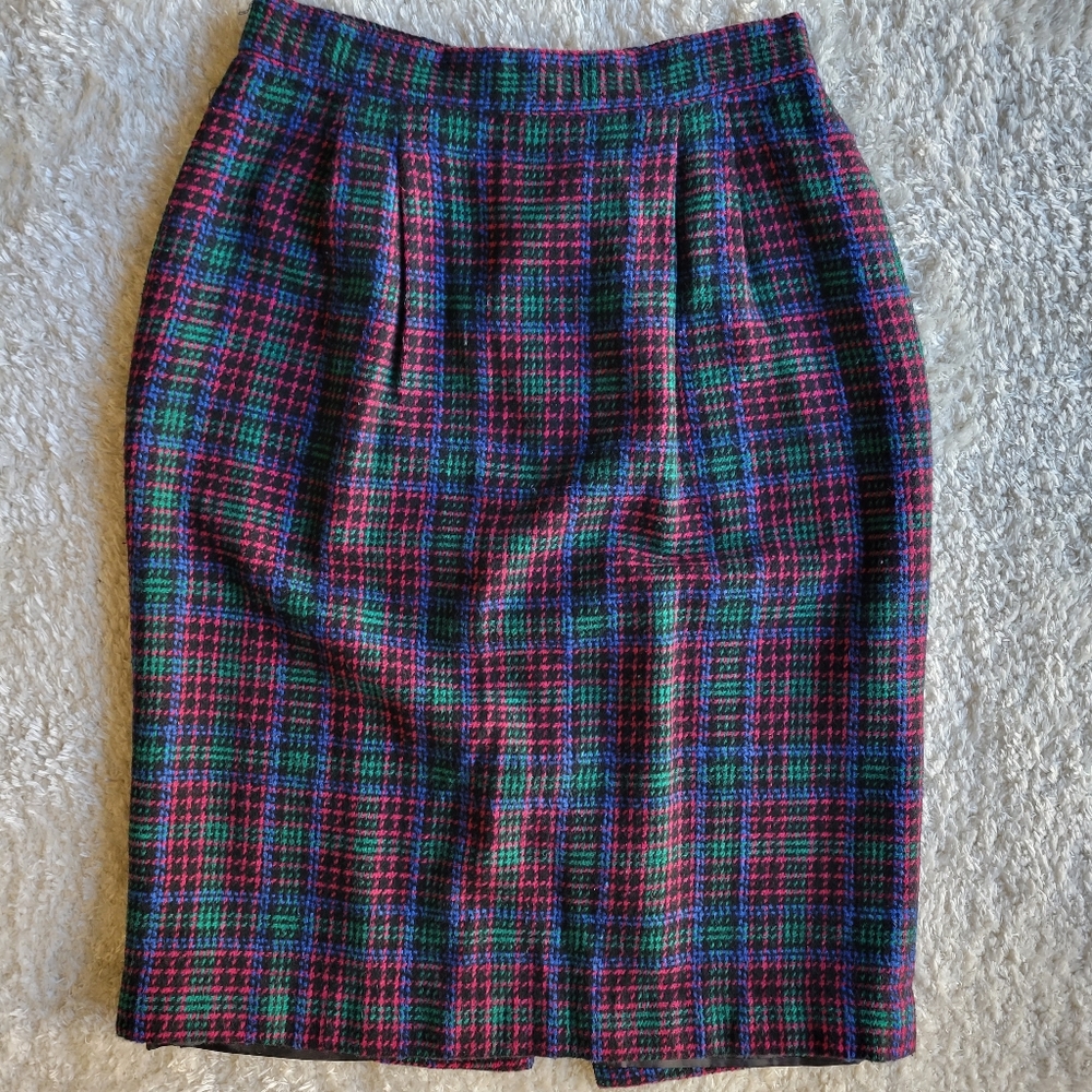 Joan Leslie tweed plain wool pencil skirt size 10 blue pink green black blue